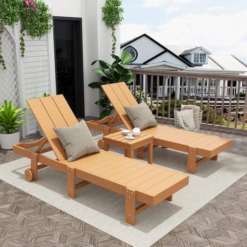 Polytrends Shoreside Modern Poly Eco-Friendly All Weather Reclining Pool Chaise Lounge With Wheels and Side Table (3-Piece Set) - Teak