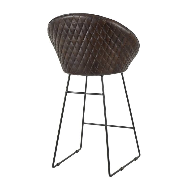 Leather Round Diamond Tufted Bar Stool with High Back and Black Metal Legs - Set of 2 Brown or Dark Brown - Roche River Decor