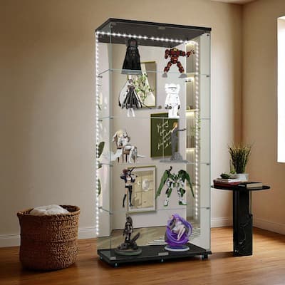 76" Tall Tempered Glass Display Cabinet with Mirror Back, Bluetooth LED Light Strip, Lockable Doors and Casters