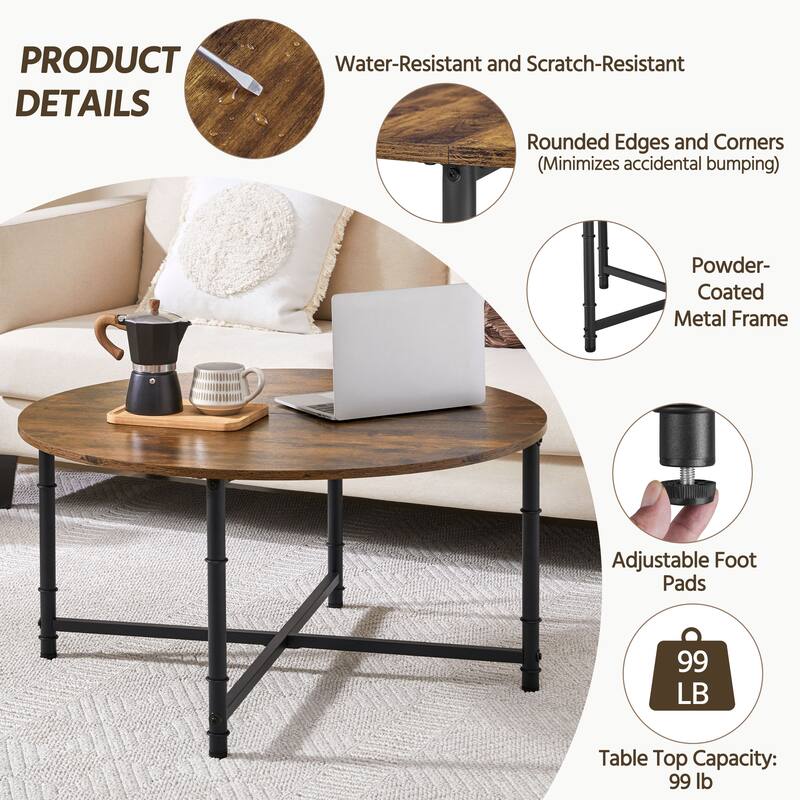 Yaheetech 35.5in Industrial Rustic Metal Round Coffee Table Sofa Table Rustic Brown