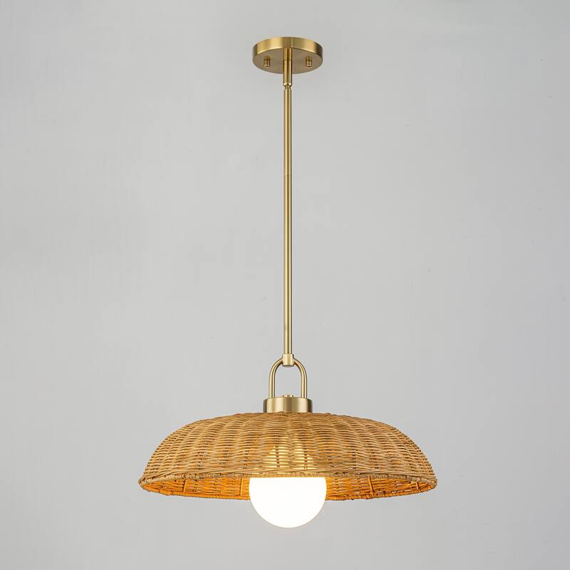 1-Light Modern Farmhouse Dome Straw Hat Hand Woven Chandelier with Natural Rattan Shade - Brass - 18.11" W × 9.06" H