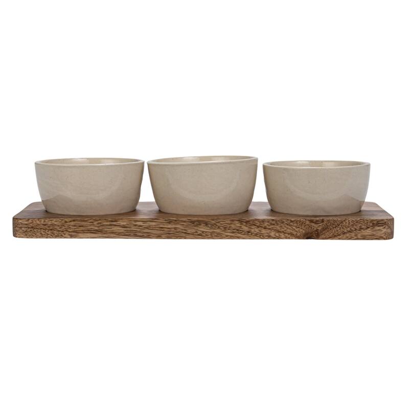 Stoneware Serving Dish with Mango Wood Base