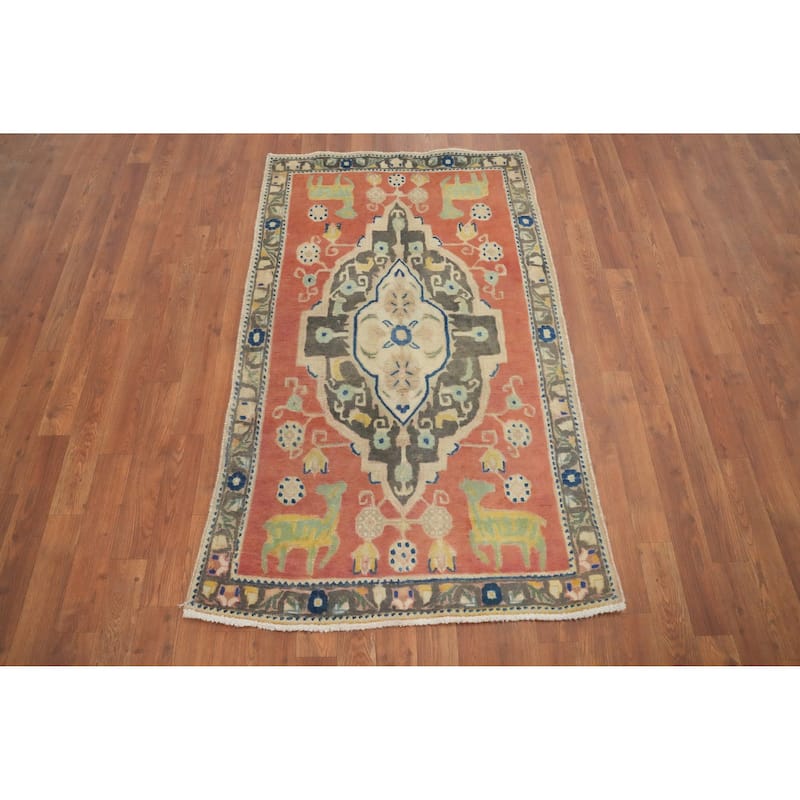 Hand Knotted Oriental 100% Wool Carpet Traditional Medallion Coral Tabriz Area Rug - 4' 9'' X 2' 10''