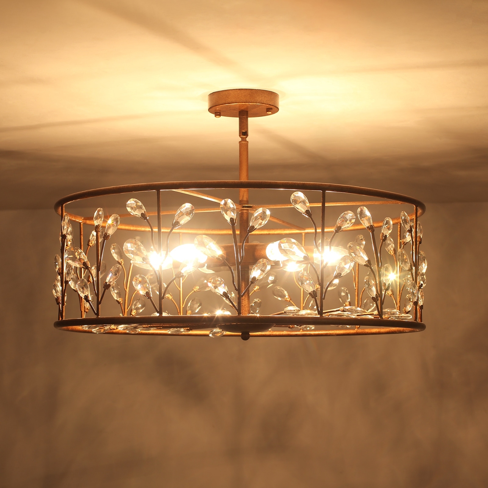 Rustic Antique Bronze Crystal Drum Chandelier for Dining Room