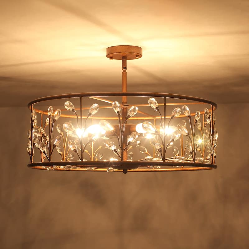 Rustic Antique Bronze Crystal Drum Chandelier for Dining Room - W23.62"