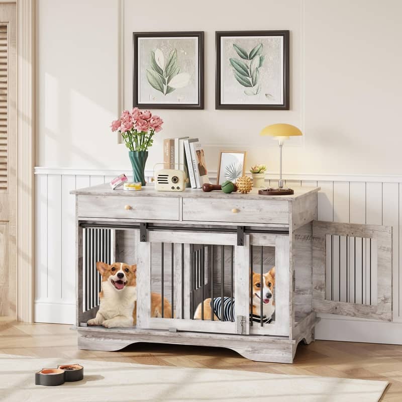 Wooden Dog Crate Kennel Furniture with Barn Door 2 Storage Drawers Removable Divider