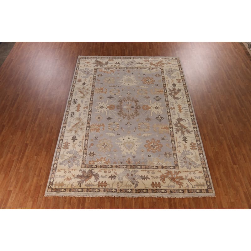 Gray Oushak Indian Large Rug Hand-Knotted Floral Wool Carpet - 9'10" x 13'8"
