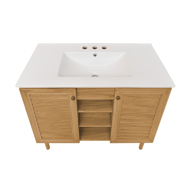 Bron 36 In. Brown Oak Bathroom Vanity With White, 3-Hole Ceramic Sink Top