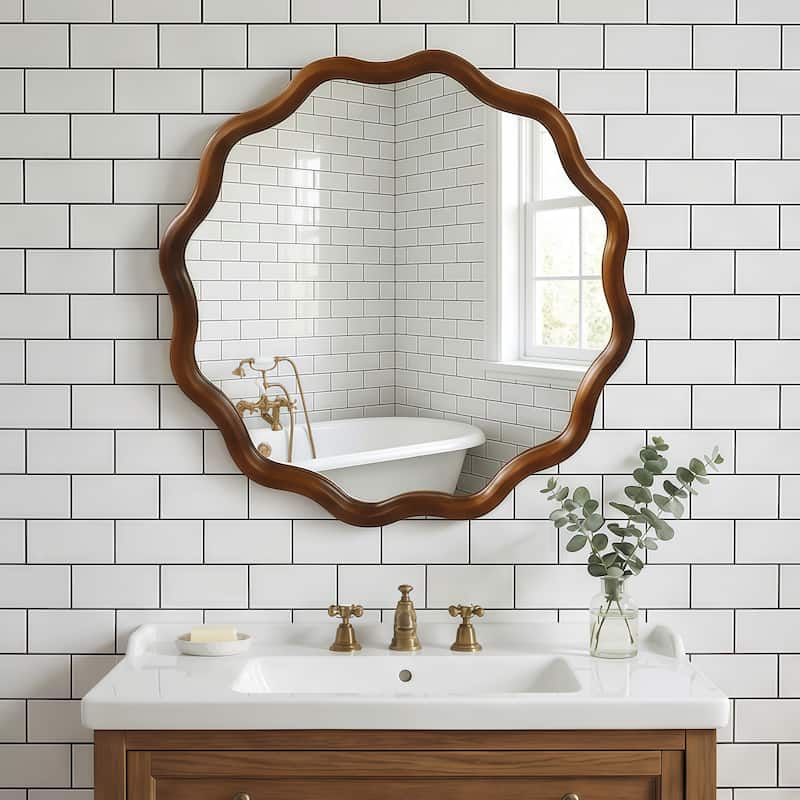 24 inch Wavy Round Solid Wood Frame Decorative Mirror,For Bedroom, Bathroom, Living Room, Entryway
