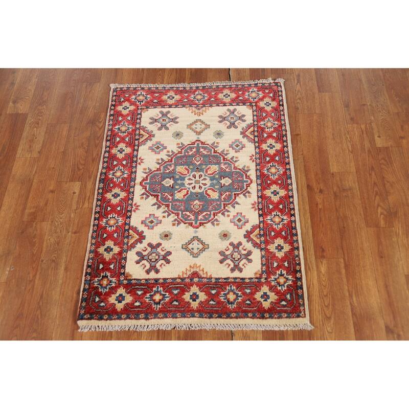 Ivory Kazak Oriental Foyer Rug Hand-Knotted Wool Carpet - 2'0" x 3'0"