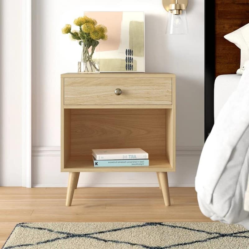 Mid Century Modern 1 Drawer Nightstand with Open Shelf Pinewood Legs