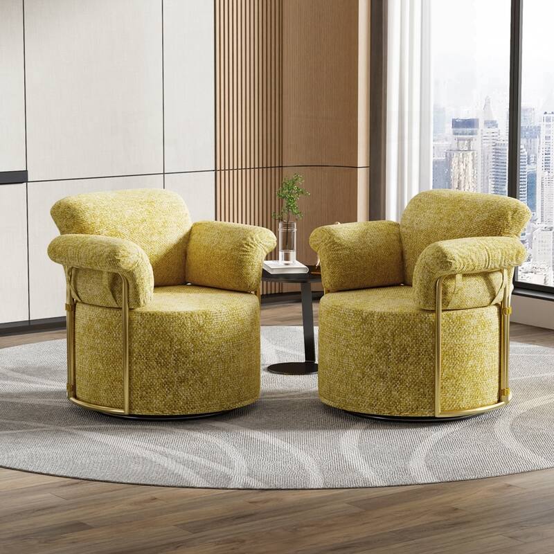 360 Degree Barrel Swivel Fluffy Fabric Lounge Wide Upholstered Reading Chair with Gold Metal Legs