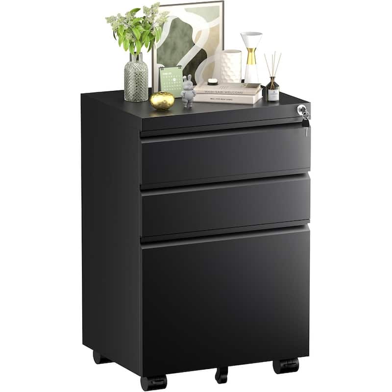 3 Drawer Metal Locking File Cabinet for Home Office, Rolling Cabinet Fully Assembled - Black-Mobile