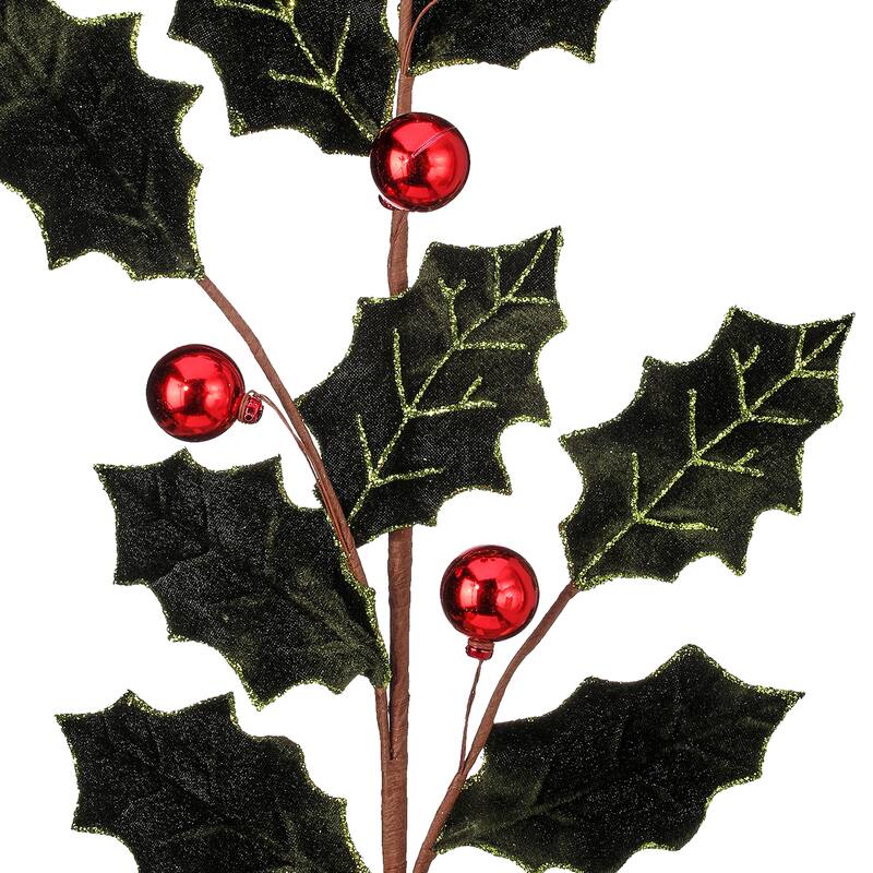 27" Velvet Holly Leaf Spray With Ball Set of 3