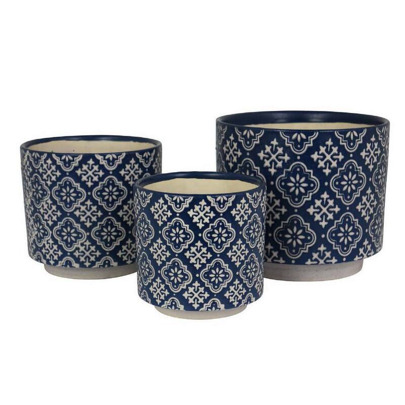 Modern Planter Set of 3, Vintage Floral Motifs, White Blue Ceramic