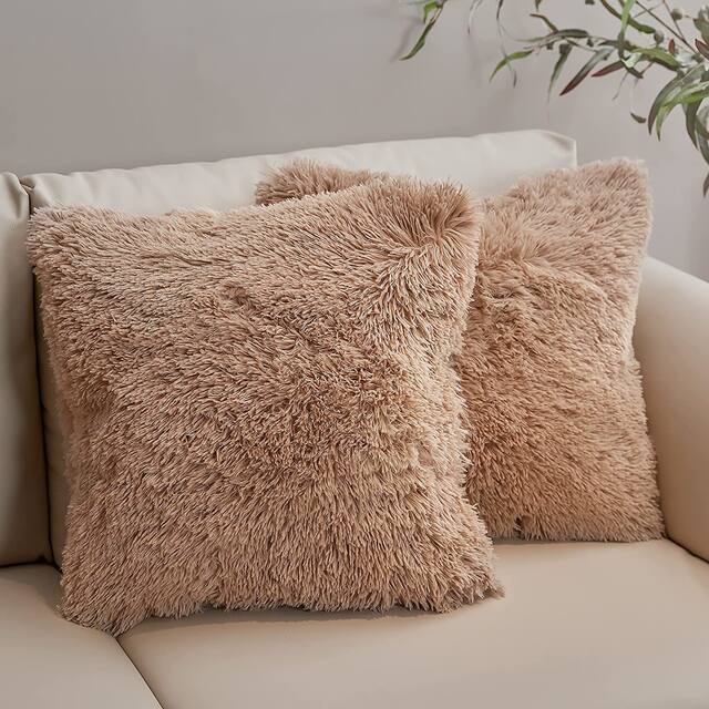 Cheer Collection Shaggy Long Hair Throw Pillows (Set of 2) - 20x20 - Taupe