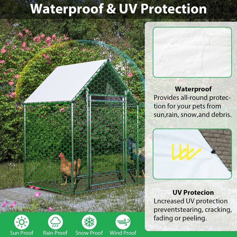 Metal Chicken Coop with Run, Backyard Hen House, and Covered Poultry Habitat Cage‌ - Silver