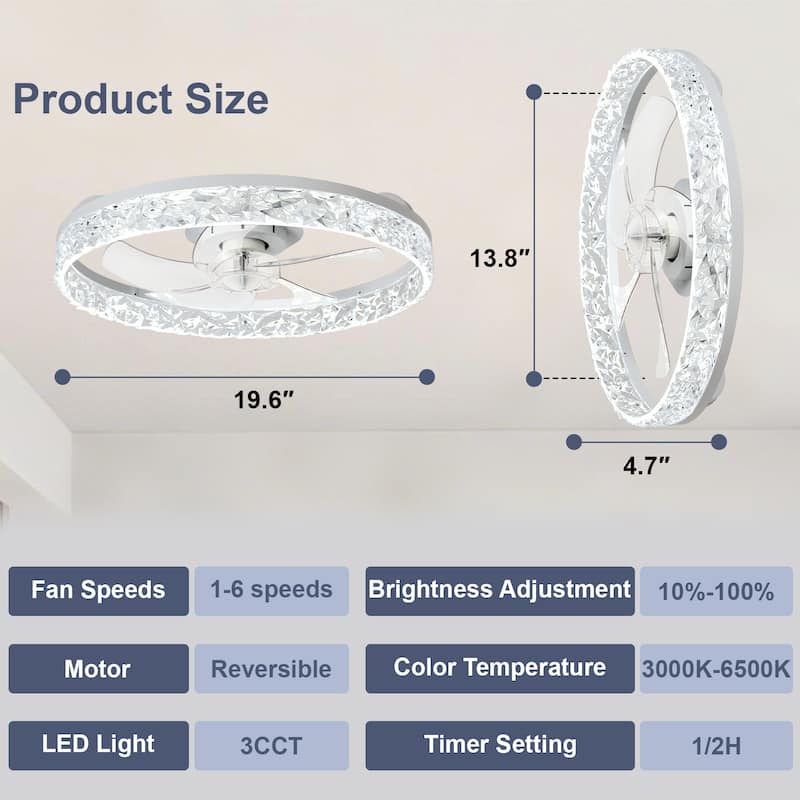 Low Profile Ceiling Fan with Light: 20-16 Inch, App Remote Control, Dimmable 3 CCT LED, 6 Wind Speeds, Ultra Quiet