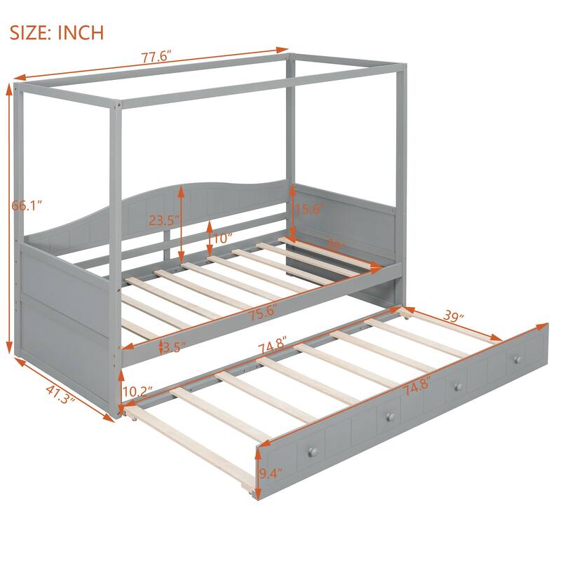 Twin Size Canopy Daybed with Trundle Solid Wood and MDF Frame
