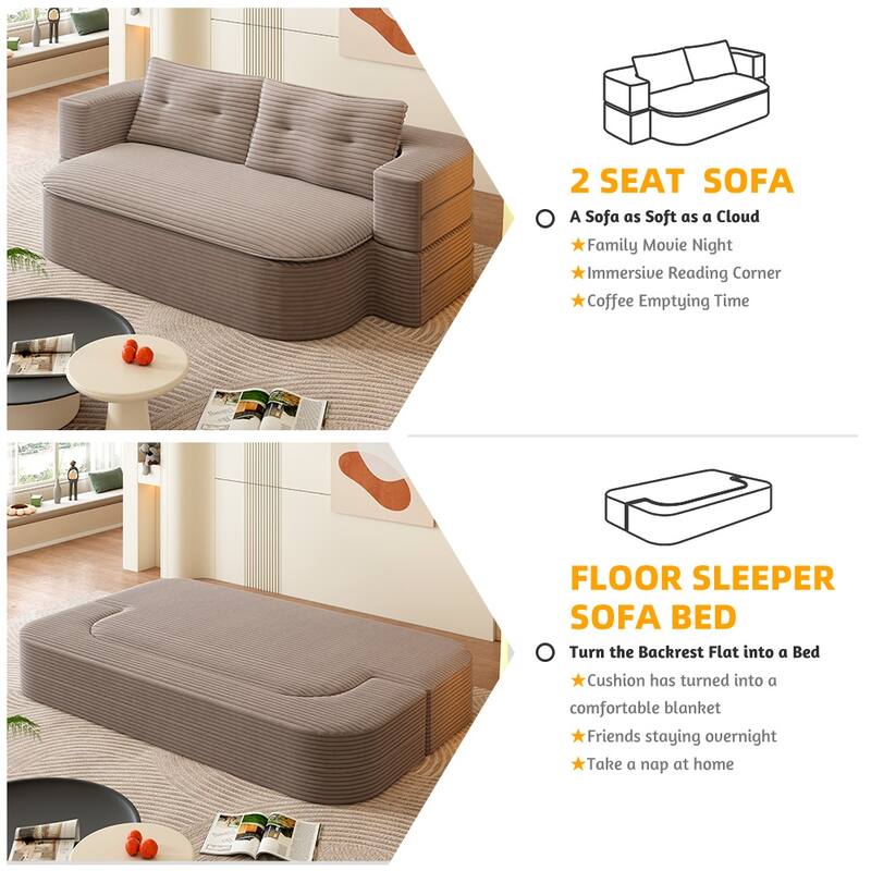 78.7 Inch Convertible Floor Sofa Bed, Plush Corduroy Sleeper Couch with Blanket and 2 Pillows, Deep Seat