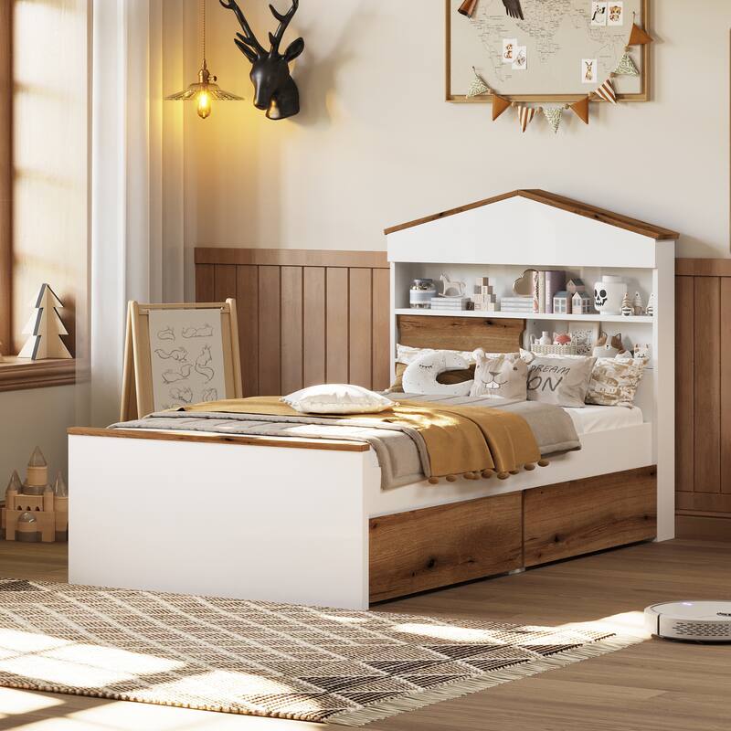 Twin Size House-Shaped Wooden Bed with Storage Shelf on the Headboard, Built-in Two Storage Drawers, Brown