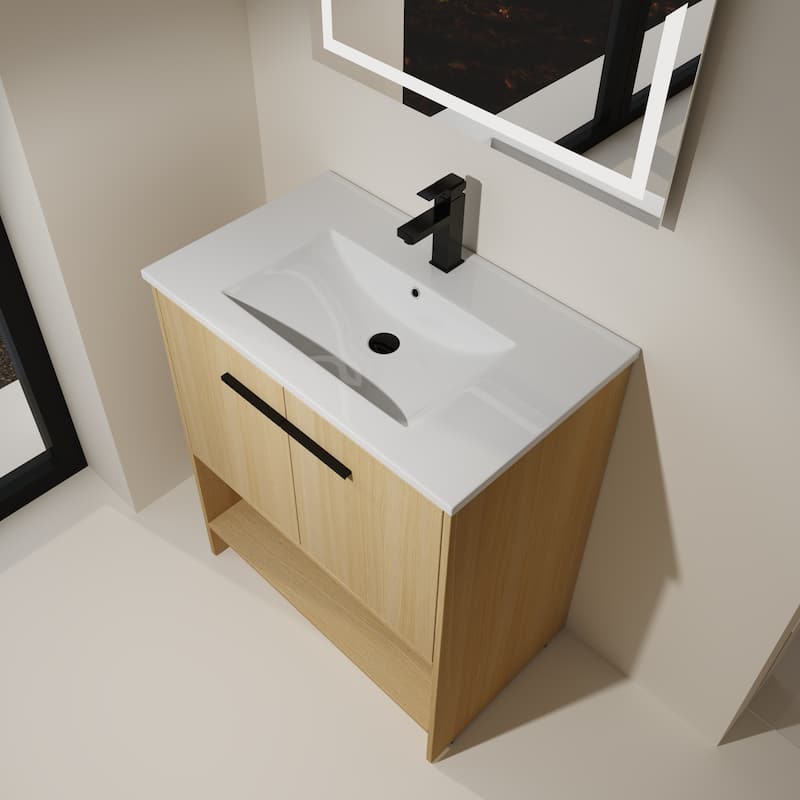 30" Bathroom Vanity with Ceramic Sink, 2 Soft Closing Doors, Freestanding Bathroom Cabinet Vanity
