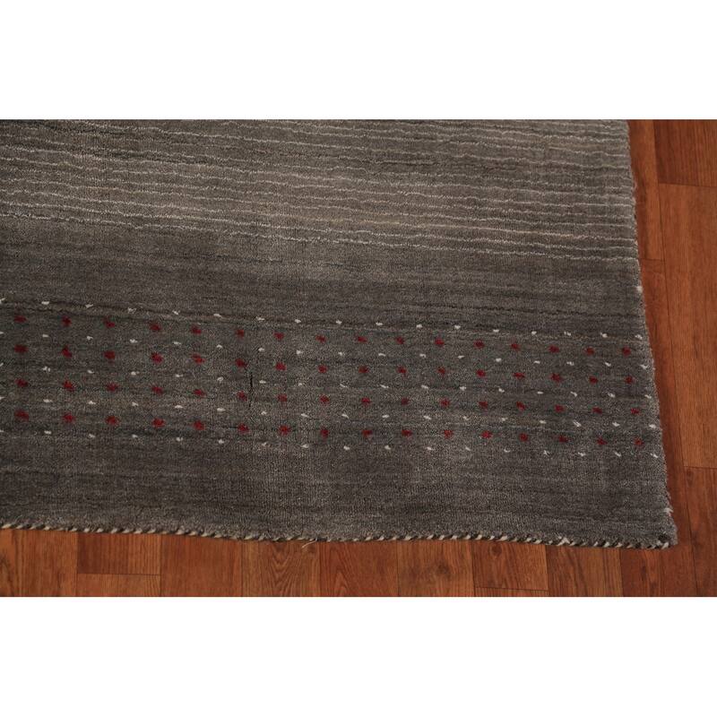 Striped Tribal Gabbeh Oriental Rug Hand-Knotted Beige Wool Carpet - 6'0" x 9'8"