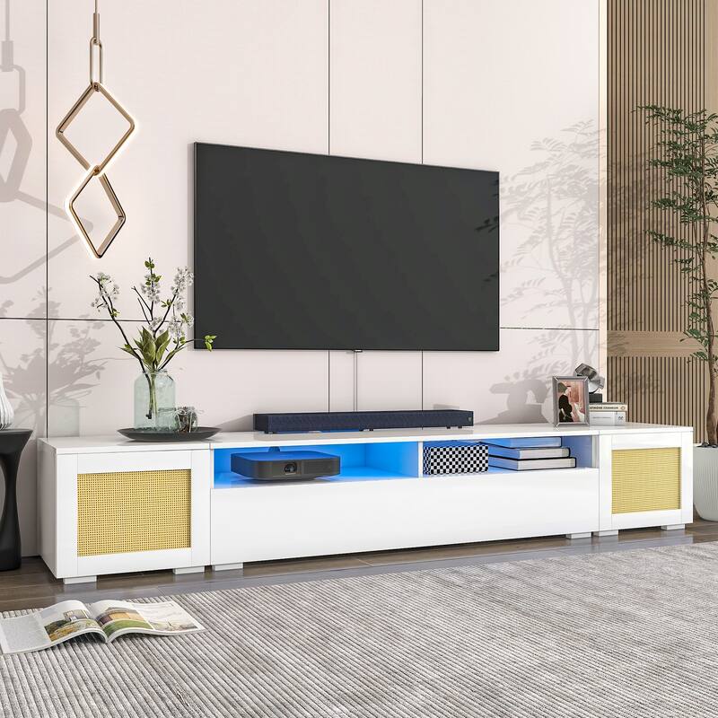 3-Piece Extended TV Stand with Color-Changing LED Lights - Rattan Style, Push-to-Open Doors, 82" Entertainment Center