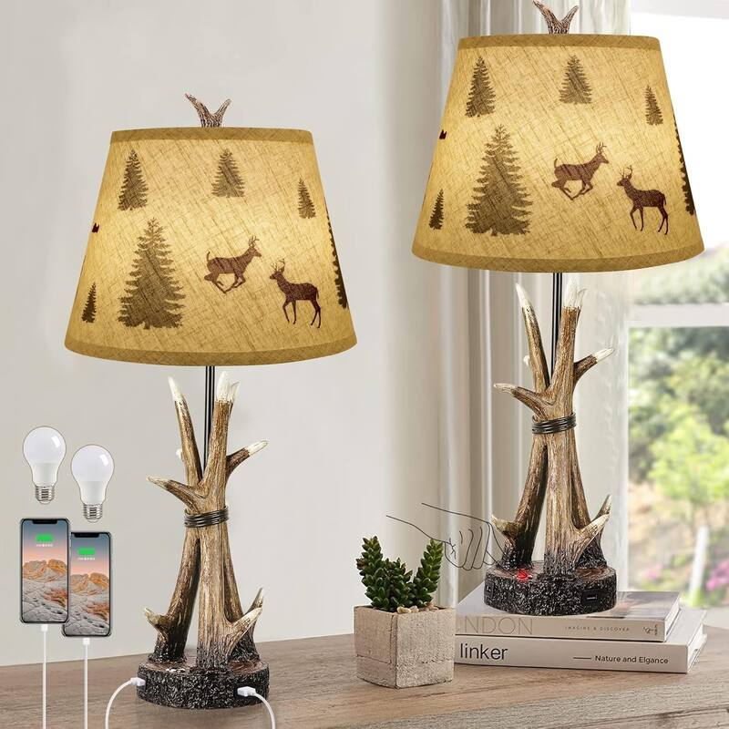 Farmhouse Deer Antler Table Lamps for Living Room Set of 2, 3-Way Dimmable Touch Rustic Bedside Lamp for Bedroom - Brown