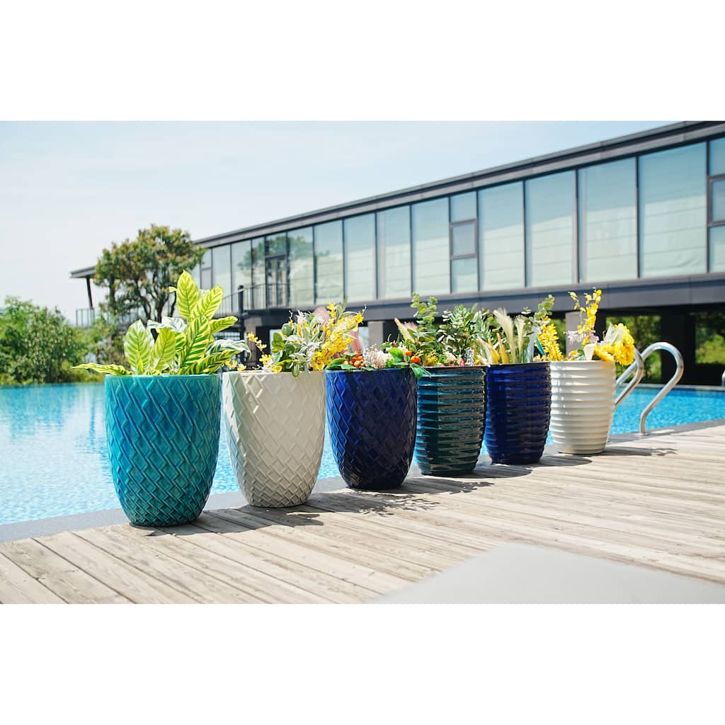 Customizable Cyan Ceramic Planter 16.5in Striped Design Weatherproof Indoor Outdoor Garden Pot
