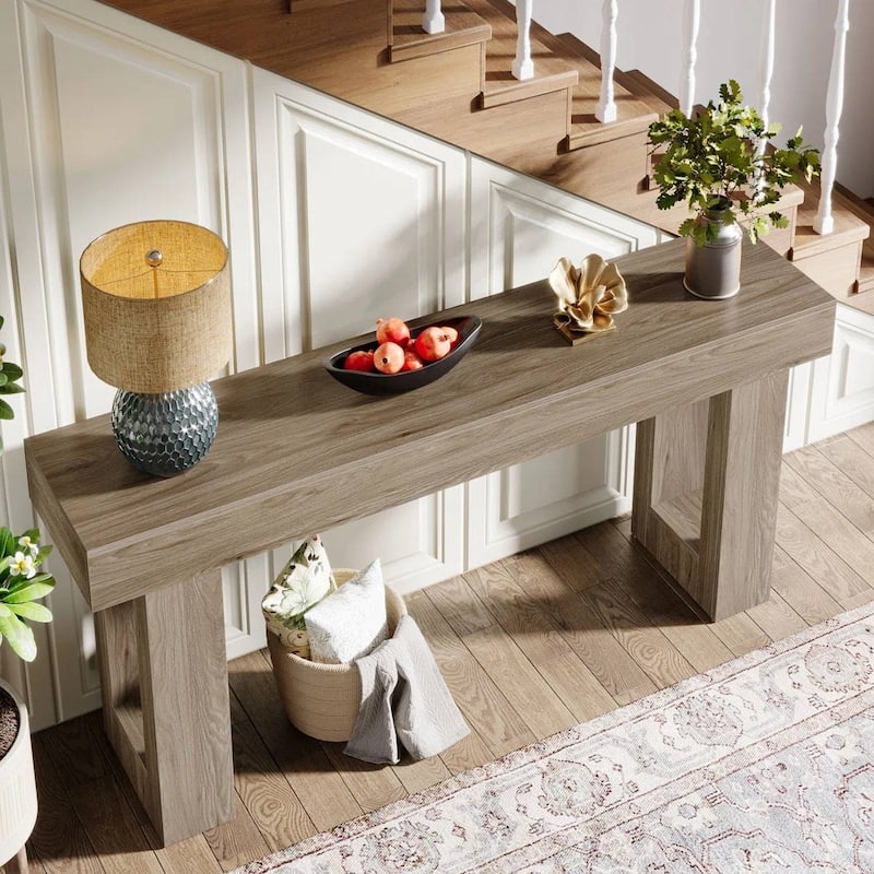 63 Inch Modern Rustic Entryway Console Table with Wood Finish and Legs for Hallway or Living Room - 63”L x 3.77”W x 33.46”H