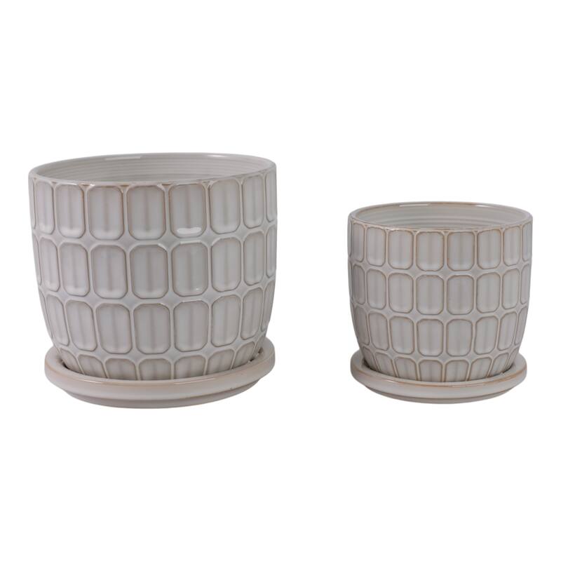Stoneware Saucer Planters with Embossed Geometric Texture (Set of 2)