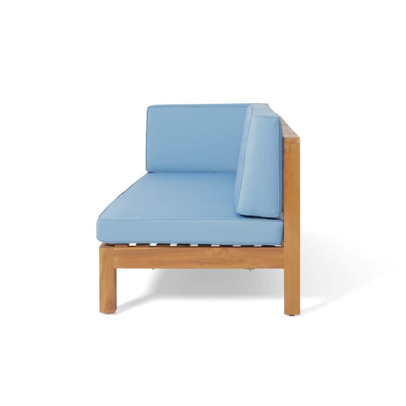 Roomfitters Outdoor Sectional Sofa Left Corner Bench with X-Back Acacia Wood Frame and Cushions