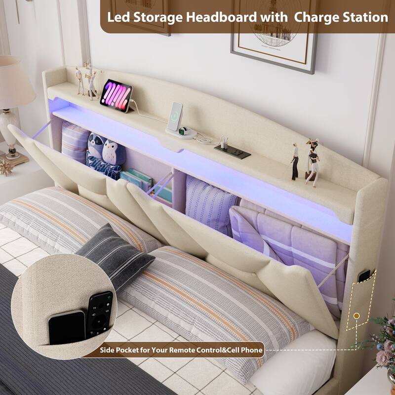 Beige Queen Size Platform Bed Frame with Storage Headboard and Drawers