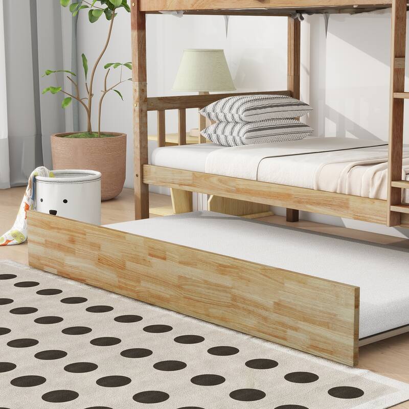 Twin over Twin Rubber Wooden Bunk Bed with Trundle, Ladder & Safety Guardrails, Espresso