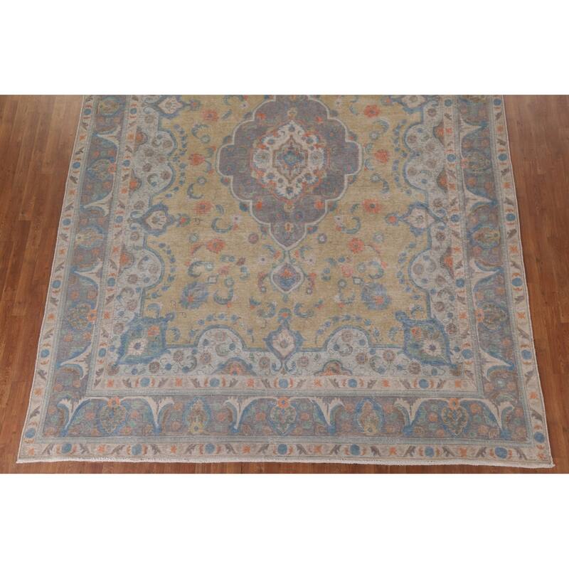 Hand Knotted Oriental 100% Wool Carpet Traditional Medallion Yellow & Gold Tabriz Area Rug - 12' 11'' X 9' 6''