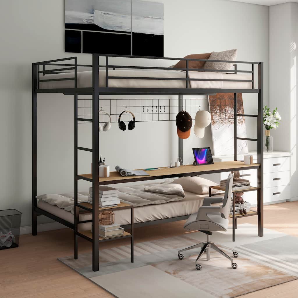 Full Over Twin Bunk Bed with Desk and Charging Station and Storage Shelves and Metal Wire Mesh Panel with Hooks,Guard & Stairs