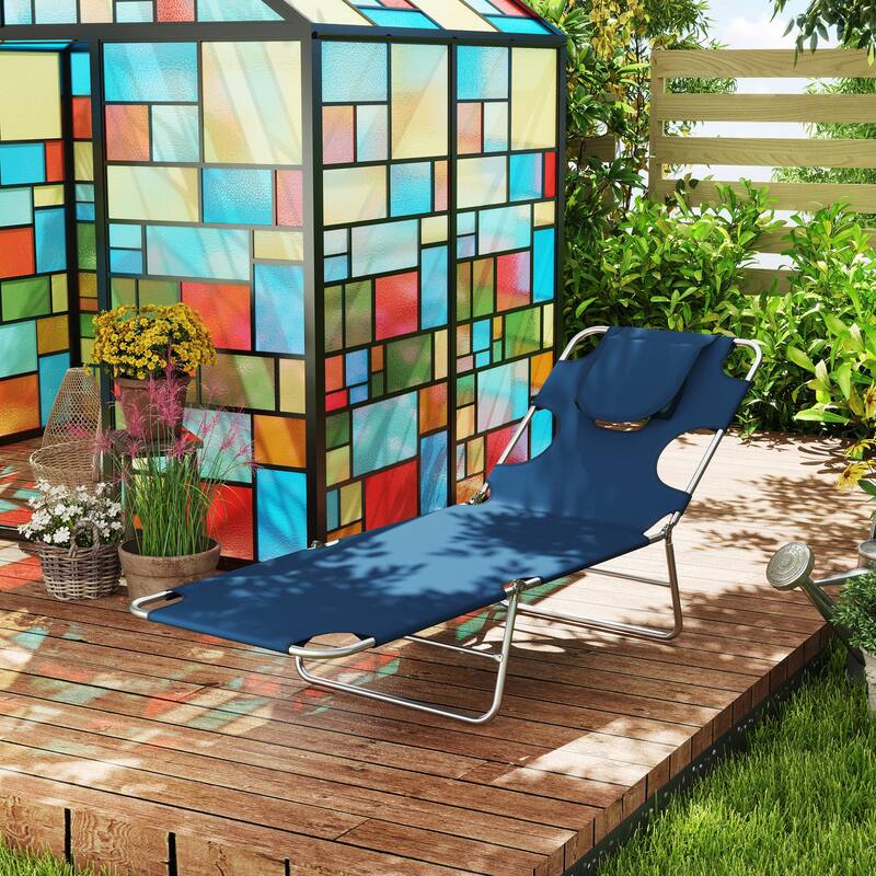 Outsunny Folding Beach Lounge Chair with Face Hole and Arm Slots, 5-level Adjustable Sun Lounger Tanning Chair with Pillow