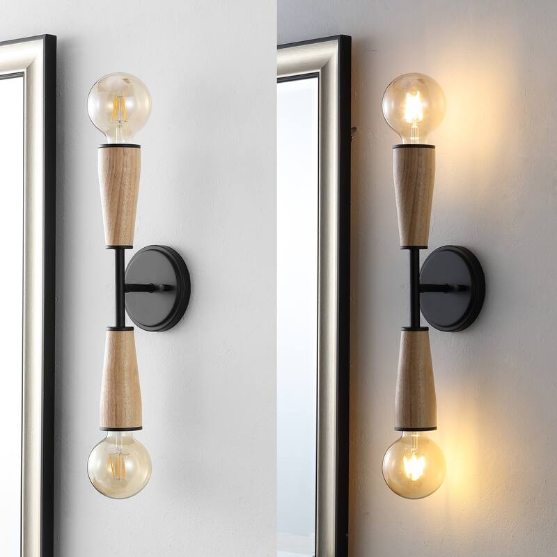 Nicole 5.13" 2-Light Modern Designer Iron/Wood Double Sided Hourglass LED Sconce, Light Brown/Black by JONATHAN Y