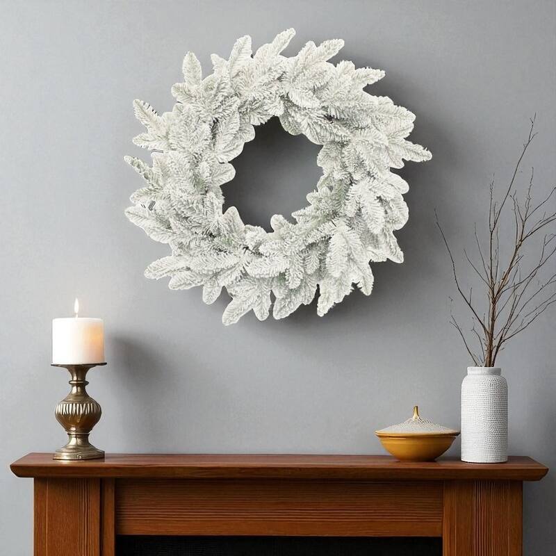 HomeRoots 25" White Flocked Pine Christmas Artificial Wreath - White - 24.50 in. x 24.50 in. x 6.00 in.