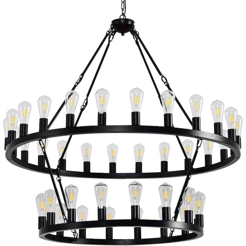 52"Extra Large Wagon Wheel Chandelier, 2 Tier 36-Lights Round High Ceiling Pendant Light Adjustable Chain