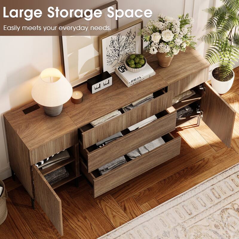 63" Wooden Reeded Sideboard With Built-In Charging Station, 3-In-1 Modern Credenza