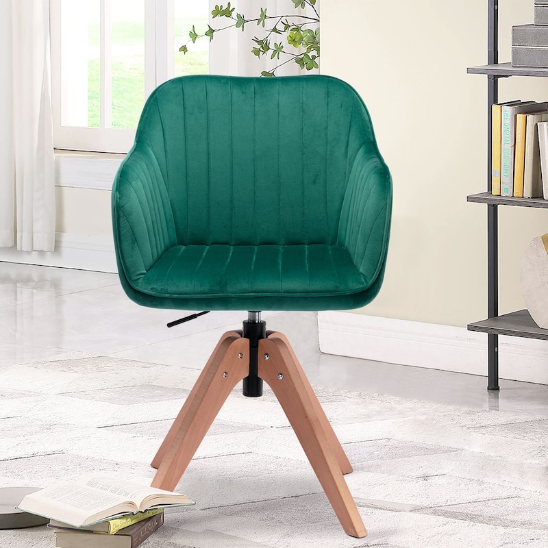 Modern Velvet Tufted Dining Armchair with Swivel and Solid Wood Legs Upholstered Accent Seat - 34.84”H x 16.53”W x 16.53”D