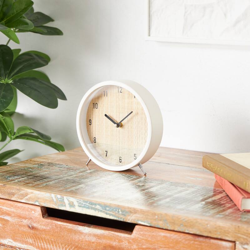 Light Brown Wood Woven Clock Chevron Patterned or White Frame with Silver Legs - Light Brown - White Wood Frame