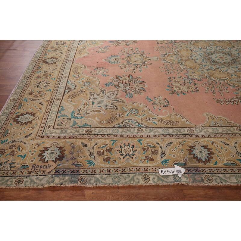 Pink Tabriz Vintage Persian Area Rug Handmade Wool Carpet - 9'9" x 13'0"