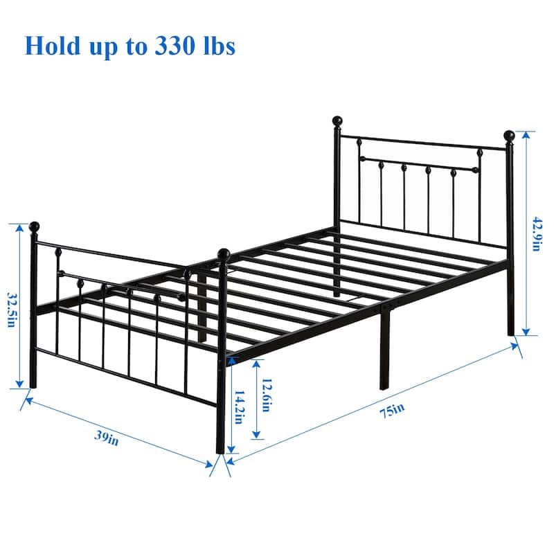 14 Inch Metal Victorian Platform Bed Frame with Headboard and Footboard, Heavy Duty Mattress Foundation with Steel Slats Support