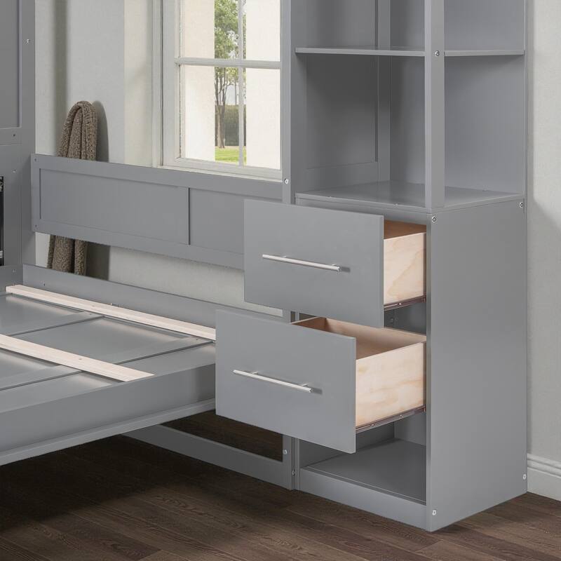 Queen Size Murphy Wall Bed with Shelves, Drawers and LED Lights, Space-Saving Foldable Bed for Guest Room or Home Office