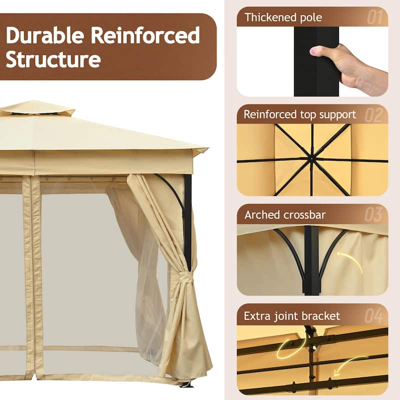 Outdoor Gazebo Tent with Double Roof, Mosquito Netting & Privacy Screens