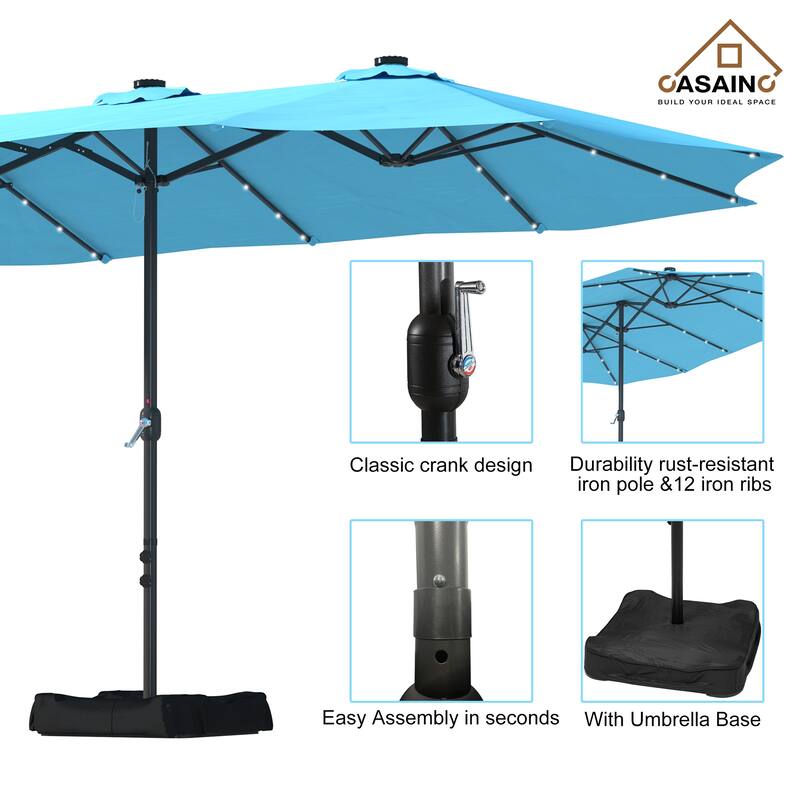 15-ft. Rectangular Crank Double-sided Outdoor Market Umbrella Solar LED Lighted Patio Umbrella with Base Included