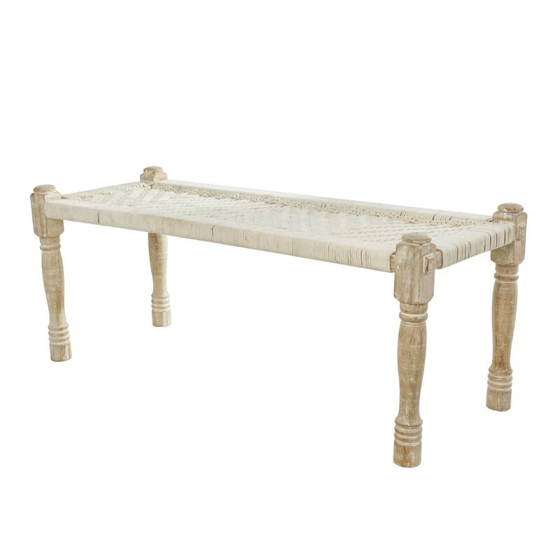 Cotton Fabric Handmade Woven Chevron Patterned Home Bench with Light Brown Mango Wood Legs - Beige - Roche River Decor